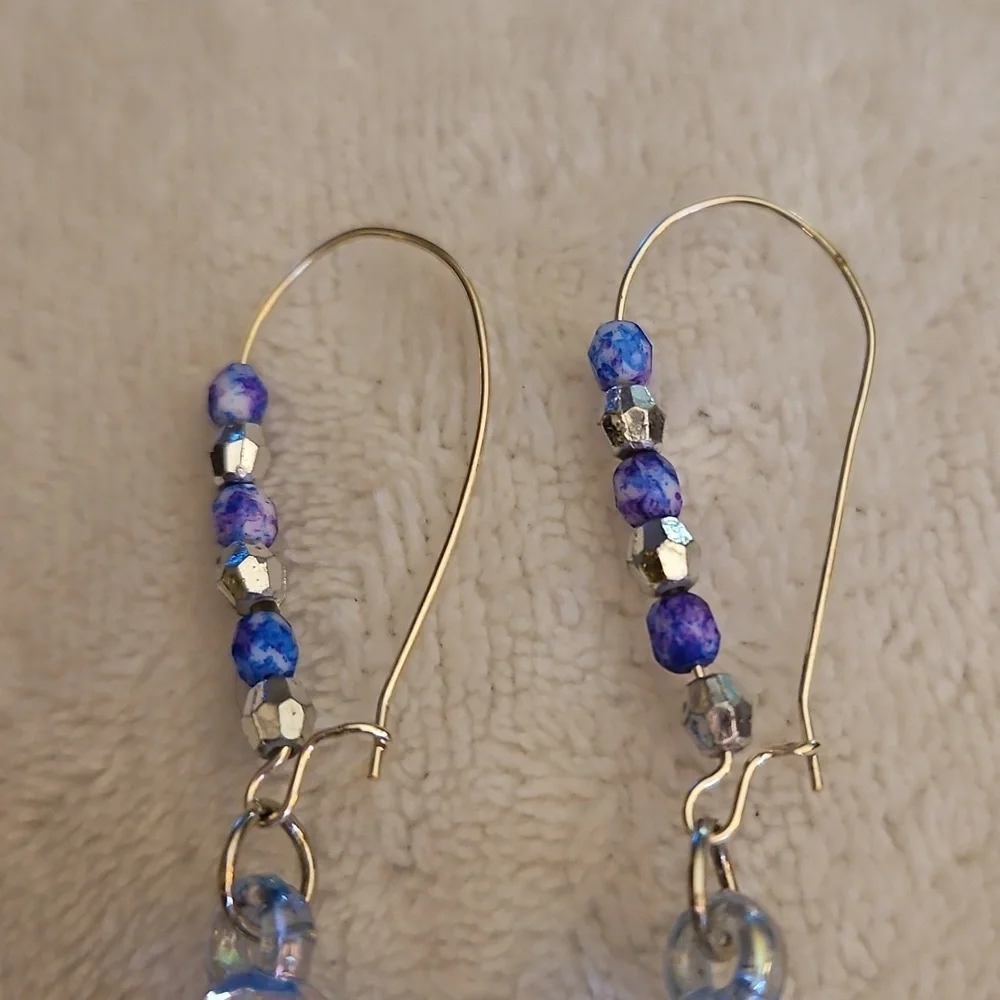 3/$30 HANDCRAFTED Lavendar Blue Czech Glass Beaded Disco Ball Hoop Earrings